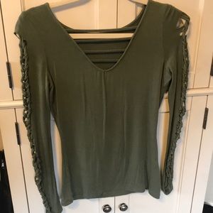 Olive green top with woven open sided sleeves